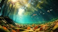 wonderful view under water through a lake in a forest with fishes Royalty Free Stock Photo