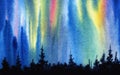 Wonderful watercolor landscape of polar night. Amazing bright shining of rainbow colors above black blurry silhouettes of