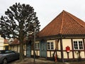 Wonderful well-kept historic buildings in Odense. Brick and wooden facades. 2020. Denmark