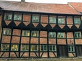 Wonderful well-kept historic buildings in Odense. Brick and wooden facades. 2020. Denmark