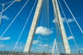 Wonderful white bridge structure over clear blue sky. Mauricio Baez Bridge, a cable-stayed bridge near San Pedro de