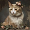 Wonderful white and red long haired cat with pink roses painting