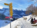 Wonderful winter hiking trails and traces on the fresh alpine snow cover of the Alpstein mountain massif and in the Obertoggenburg