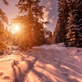 Wonderful wintry sunset at the mountain forest. Amazing, picturesque scene. holiday evening. retro style Royalty Free Stock Photo