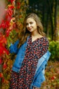 Wonderful woman. Autumn stylish outfit. Adorable lady enjoy sunny autumn day Royalty Free Stock Photo