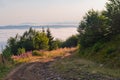 Summer mountain landscape with a road in the sea of fog Royalty Free Stock Photo