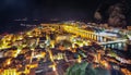 Wonderfull aerial panoramic view of Old Town Omis , Cetina river and mountains at night Royalty Free Stock Photo