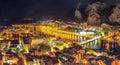 Wonderfull aerial panoramic view of Old Town Omis , Cetina river and mountains at night Royalty Free Stock Photo