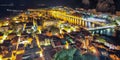 Wonderfull aerial panoramic view of Old Town Omis , Cetina river and mountains at night Royalty Free Stock Photo