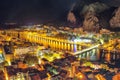 Wonderfull aerial panoramic view of Old Town Omis , Cetina river and mountains at night Royalty Free Stock Photo