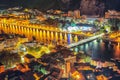 Wonderfull aerial panoramic view of Old Town Omis , Cetina river and mountains at night Royalty Free Stock Photo