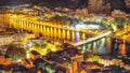 Wonderfull aerial panoramic view of Old Town Omis , Cetina river and mountains at night Royalty Free Stock Photo