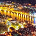 Wonderfull aerial panoramic view of Old Town Omis , Cetina river and mountains at night Royalty Free Stock Photo