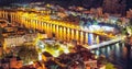 Wonderfull aerial panoramic view of Old Town Omis , Cetina river and mountains at night Royalty Free Stock Photo