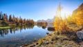 Wonderfull autumn view of Lake Federa in Dolomites