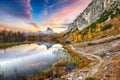 Wonderfull autumn view of Lake Federa in Dolomites at sunset