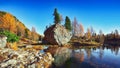 Wonderfull autumn view of Lake Federa in Dolomites