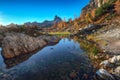 Wonderfull autumn view of Lake Federa in Dolomites