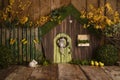 Wonderfull yellow flowerly Spring with vintage brown wood