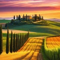 Wonderfully beautiful Tuscan sunset scenery in the Stunning flower filled grain fields and a meandering road lined with