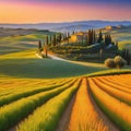 Wonderfully beautiful Tuscan sunset scenery in the Stunning flower filled grain fields and a meandering road lined with