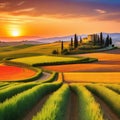 Wonderfully beautiful Tuscan sunset scenery in the Stunning flower filled grain fields and a meandering road lined with