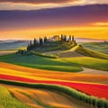 Wonderfully beautiful Tuscan sunset scenery in the Stunning flower filled grain fields and a meandering road lined with