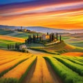 Wonderfully beautiful Tuscan sunset scenery in the Stunning flower filled grain fields and a meandering road lined with