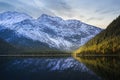 wonderfully calm lake Plansee with sun-lit green autumn forest and white snow-covered mountain