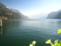 Beautifully panorama view with an emerald blue swiss lake with snow-covered mountains and flowers