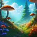 Wonderfully vibrant mushroom forest in Mystery Fanciful Background Illustration Realistic Concept Art Background