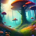 Wonderfully vibrant mushroom forest in Mystery Fanciful Background Illustration Realistic Concept Art Background