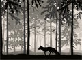 Wondering fox, forest background, silhouettes of trees. Magical misty landscape.