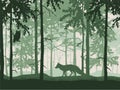 Wondering fox, owl on branch, forest background, silhouettes of trees. Magical misty landscape. Royalty Free Stock Photo