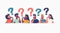 Wondering people with question marks. Modern flat illustration of thoughtful people, doubt, unsure characters with hands