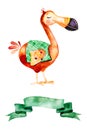 Lovely watercolor illustration with cute Dodo bird with green jacket and ribbon.