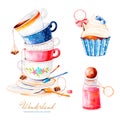 .Magical watercolor set with cupcake and bottle with label for your text