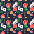 Magical pattern with lovely roses,playing cards,hat,old clock and golden keys