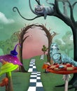 Wonderland series - cheshire cat, colorful magic mushrooms and a caterpillar