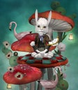 Wonderland series - White rabbit with clock sits on a mushroom