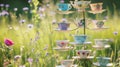 Wonderland Tea Party, enchanting meadow hosting a whimsical tea party with tea cups . Generative Ai Royalty Free Stock Photo