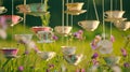 Wonderland Tea Party, enchanting meadow hosting a whimsical tea party with tea cups . Generative Ai Royalty Free Stock Photo