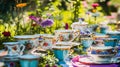 Wonderland Tea Party, enchanting meadow hosting a whimsical tea party with tea cups . Generative Ai Royalty Free Stock Photo