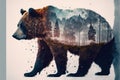 Wondrous brown grizzly bear in double exposure with natural taiga forest.