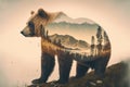 Wondrous brown grizzly bear in double exposure with natural taiga forest.