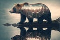 Wondrous brown grizzly bear in double exposure with natural taiga forest.