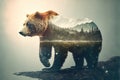 Wondrous brown grizzly bear in double exposure with natural taiga forest.