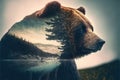 Wondrous brown grizzly bear in double exposure with natural taiga forest.