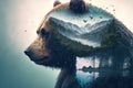 Wondrous brown grizzly bear in double exposure with natural taiga forest.