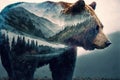 Wondrous brown grizzly bear in double exposure with natural taiga forest.